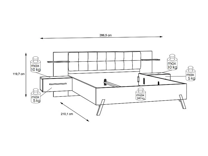 Lit 160 x 200 cm décor blanc et bois foncé chevet intégrés - MONA