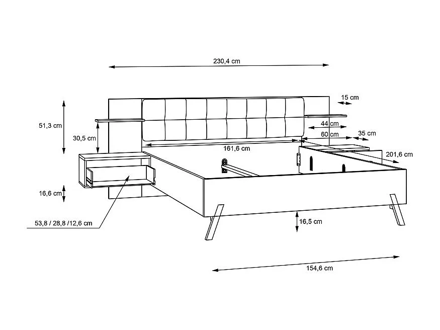 Lit 160 x 200 cm décor blanc et bois foncé chevet intégrés - MONA