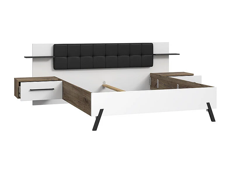 Lit 160 x 200 cm décor blanc et bois foncé chevet intégrés - MONA