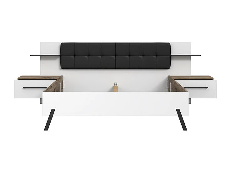 Lit 160 x 200 cm décor blanc et bois foncé chevet intégrés - MONA