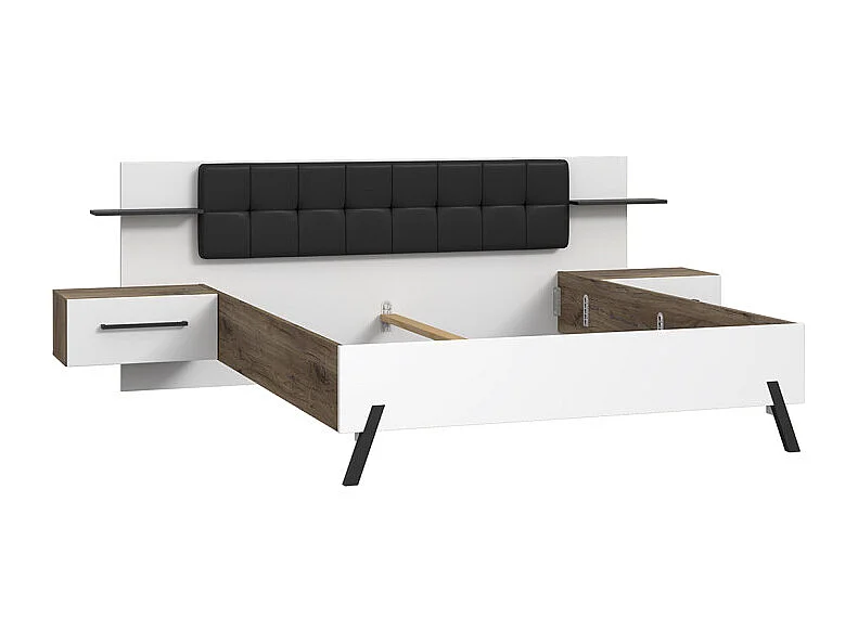 Lit 160 x 200 cm décor blanc et bois foncé chevet intégrés - MONA