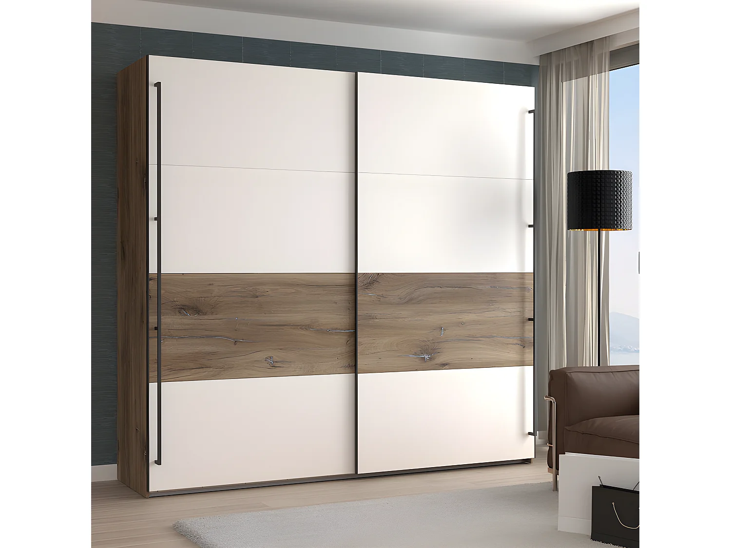 Armoire 220 cm 2 portes 2 tringles décor blanc et bois foncé - MONA