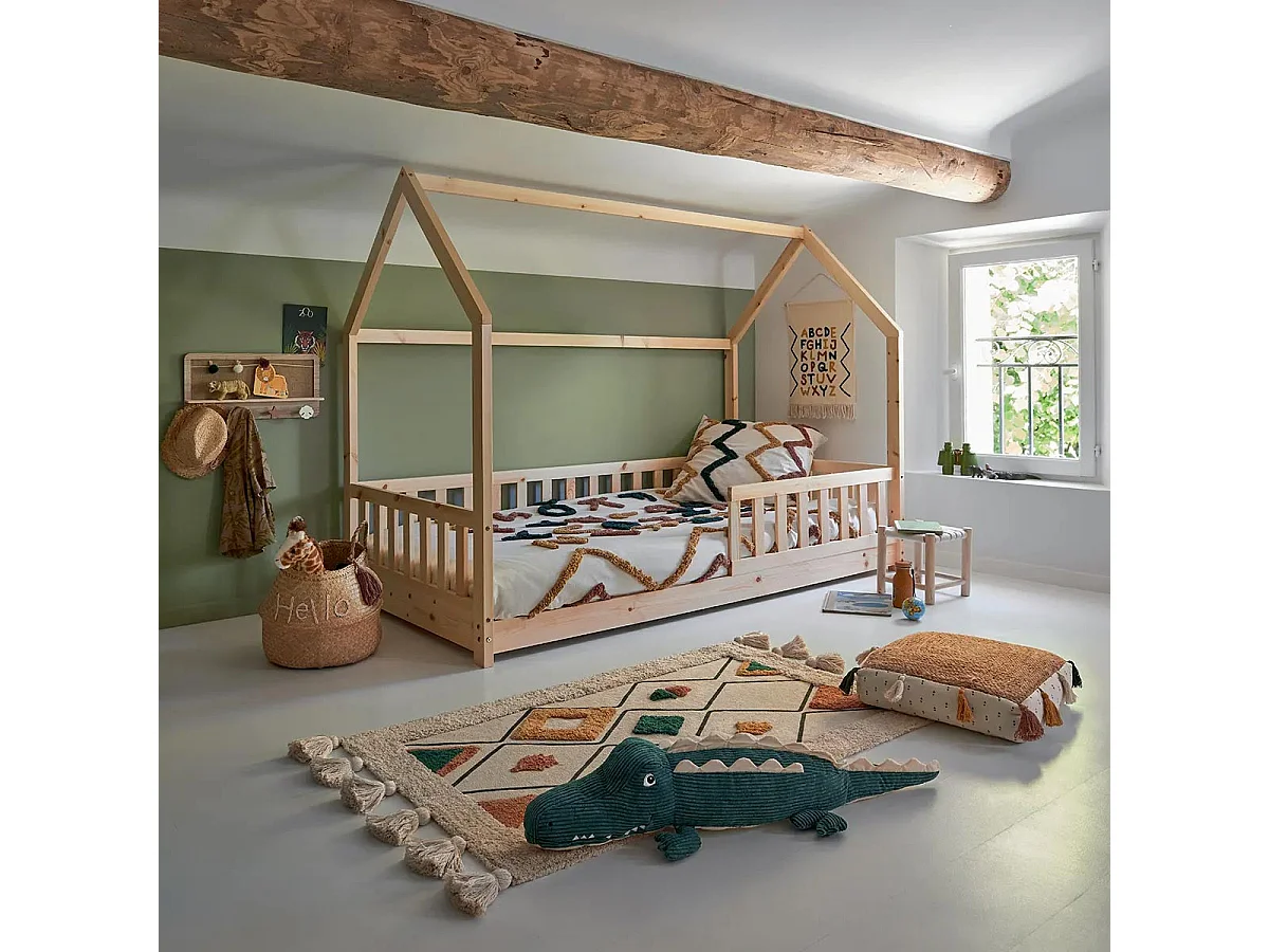 Cama Juvenil Bosco Cabaña 98 cm - Madera Pino y Contrachapado Beige Infantil