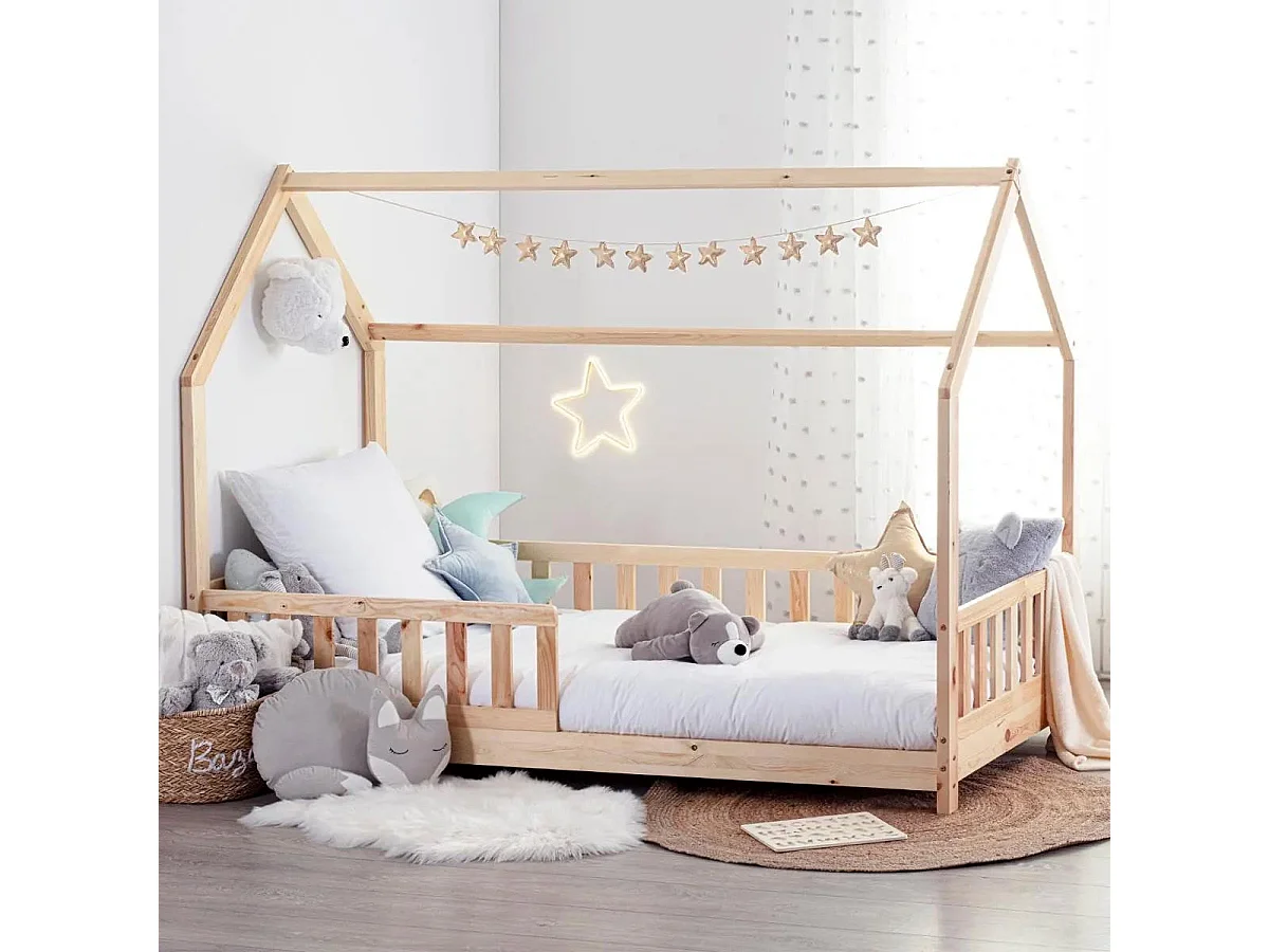 Cama Juvenil Bosco Cabaña 98 cm - Madera Pino y Contrachapado Beige Infantil