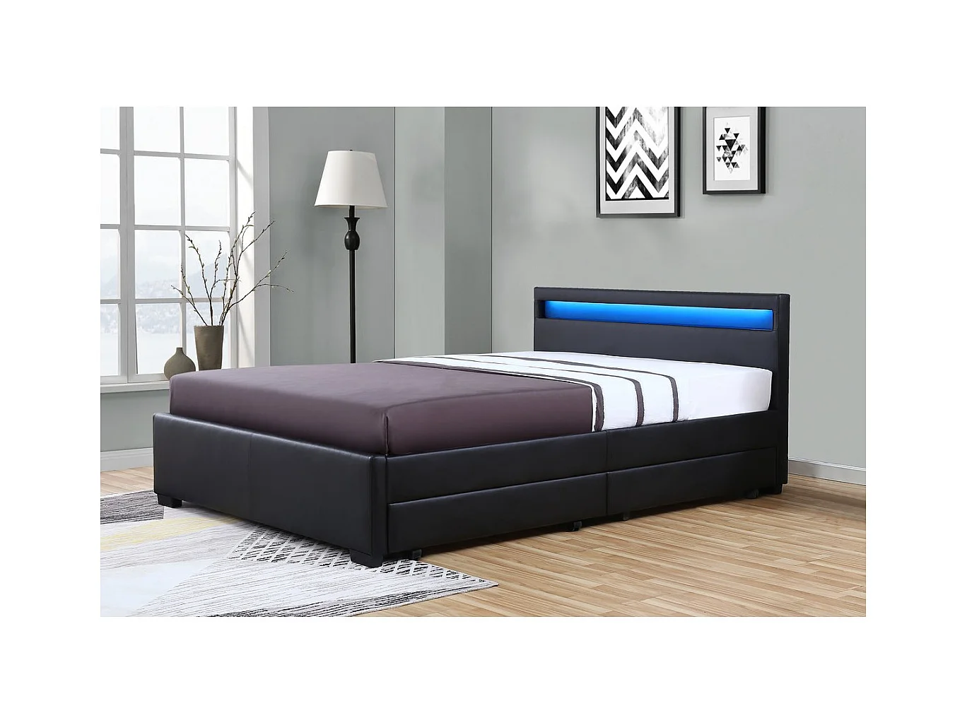 Cama LED com 4 gavetas "Nico" - 160 × 200 cm - Preto, design moderno e limpo com cabeceira LED azul