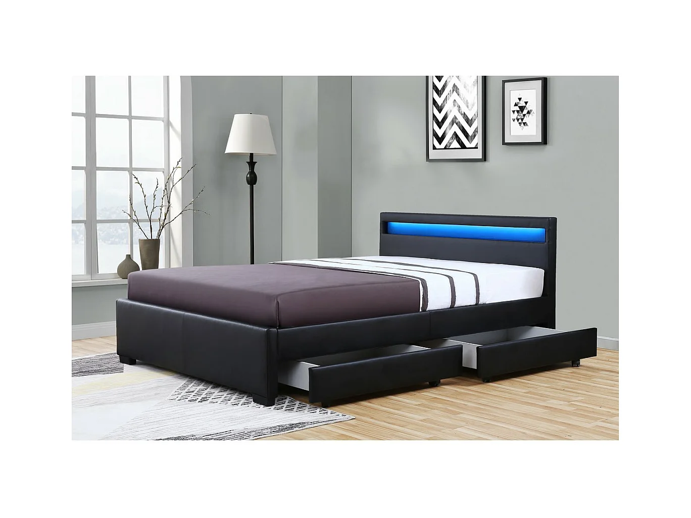 Cama LED com 4 gavetas "Nico" - 160 × 200 cm - Preto, design moderno e limpo com cabeceira LED azul