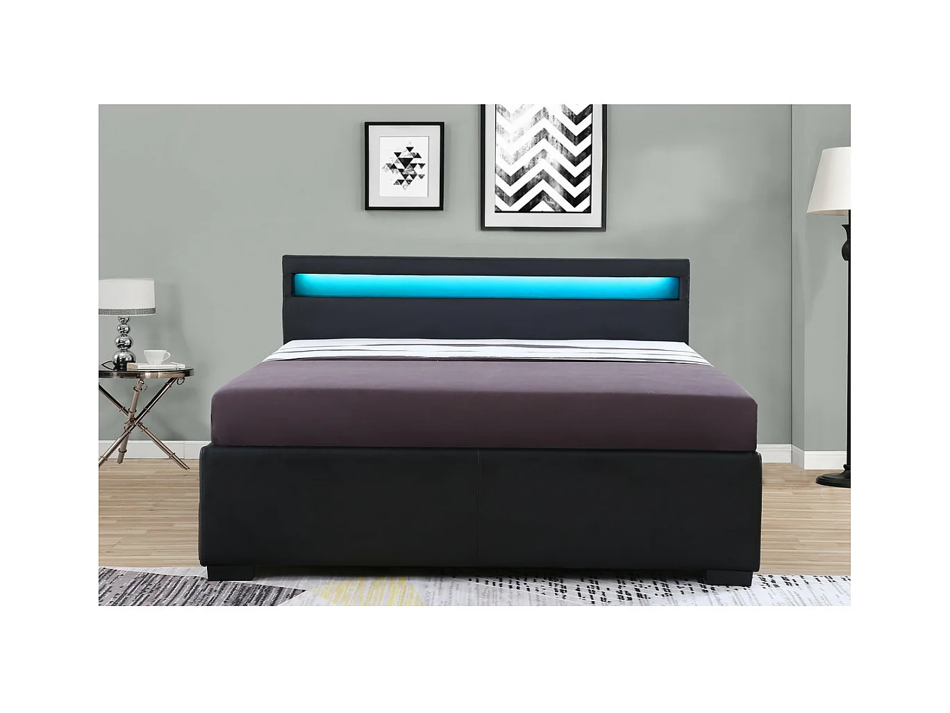 Cama LED com 4 gavetas "Nico" - 160 × 200 cm - Preto, design moderno e limpo com cabeceira LED azul