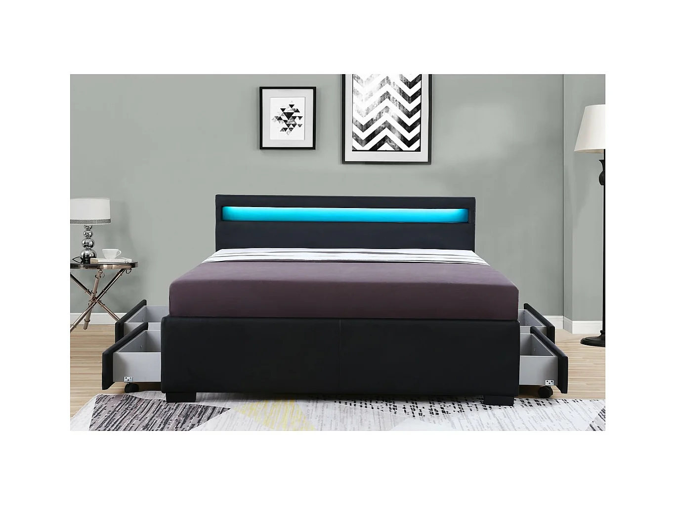 Cama LED com 4 gavetas "Nico" - 160 × 200 cm - Preto, design moderno e limpo com cabeceira LED azul