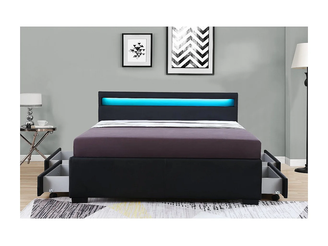 Lit LED avec 4 tiroirs "Nico" - 160 × 200 cm - Noir