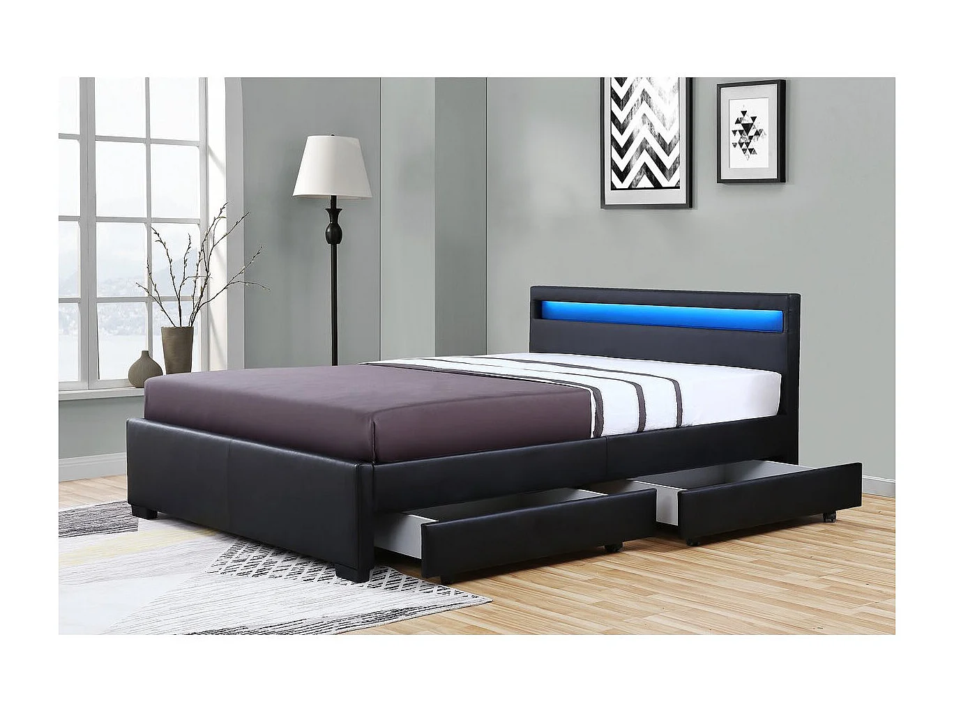 LED-bed met 4 laden "Nico" - 160 × 200 cm - Zwart, modern en strak ontwerp met blauwe LED-hoofdeinde