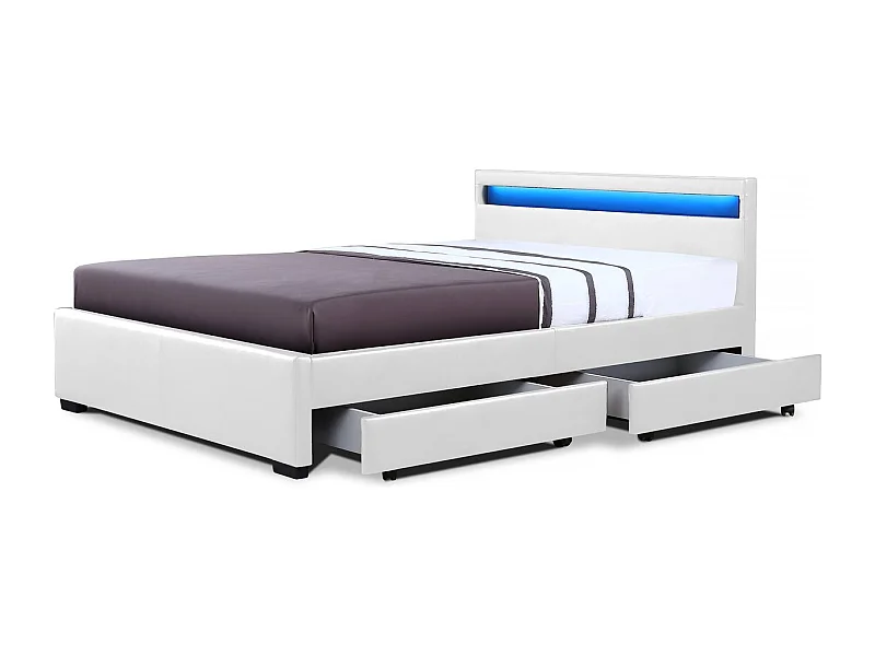 Lit LED avec 4 tiroirs "Nico" - 160 × 200 cm - Blanc