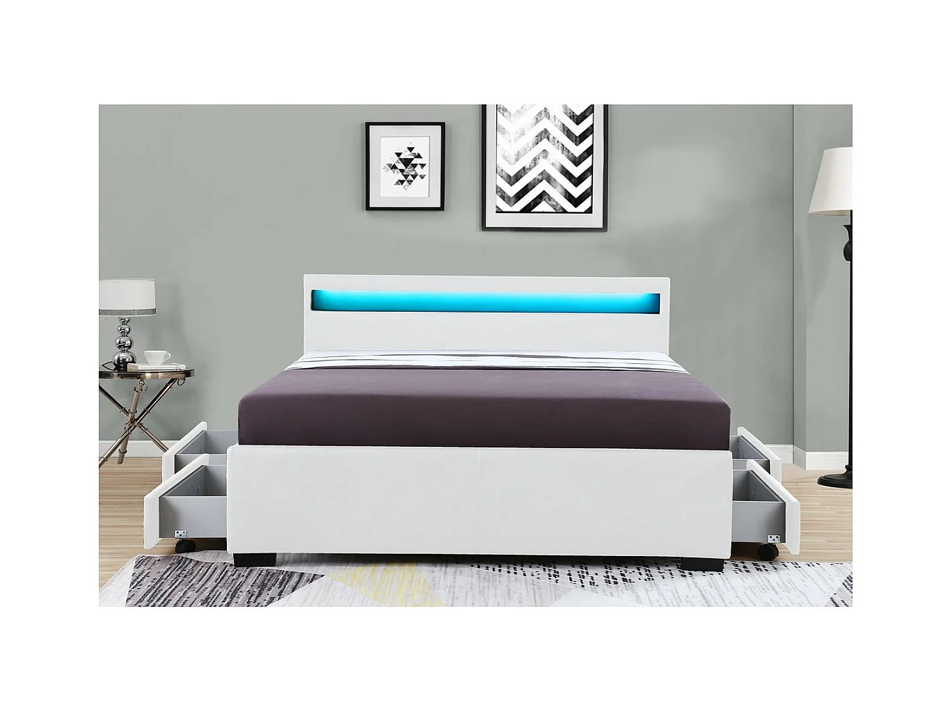 Tweepersoons LED-bed met 4 laden "Nico" - Wit - 160 x 200 cm