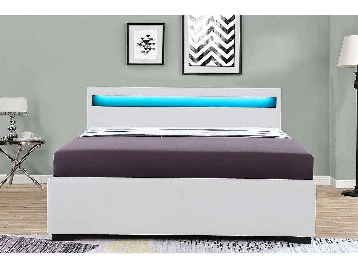 Cama de Casal Moderna com LED "Nico" com 4 Gavetas - 160 × 200 cm - Branca