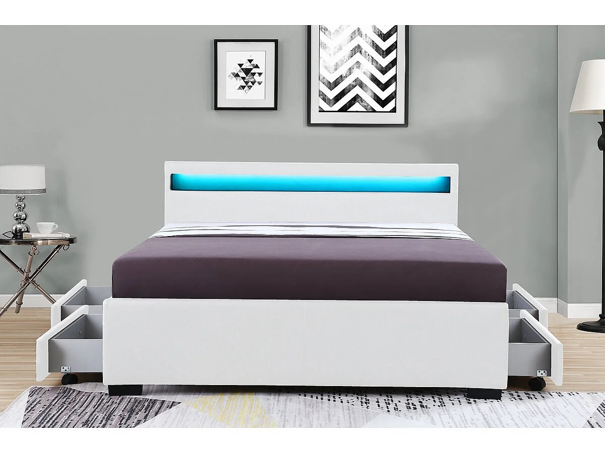 Cama de Casal Moderna com LED "Nico" com 4 Gavetas - 160 × 200 cm - Branca