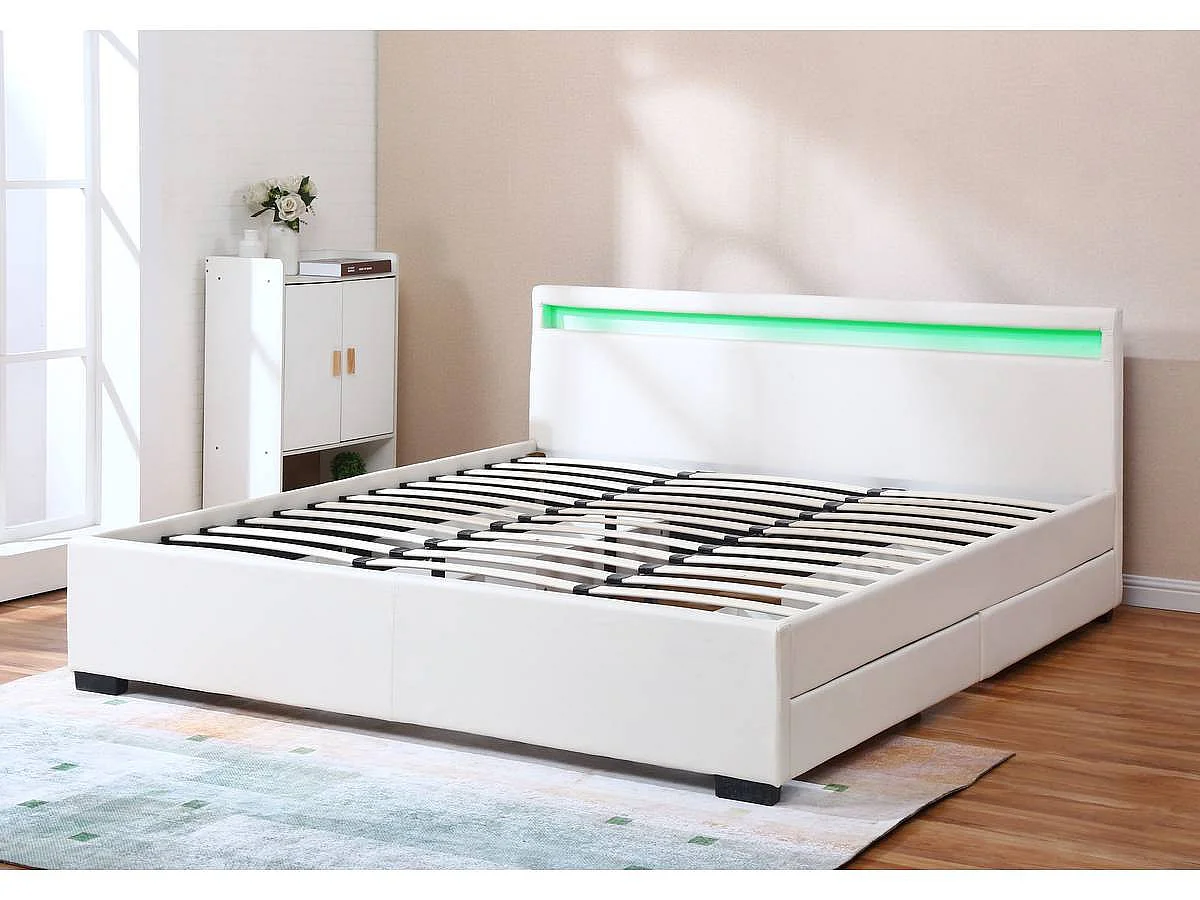 Lit LED avec 4 tiroirs "Nico" - 160 × 200 cm - Blanc