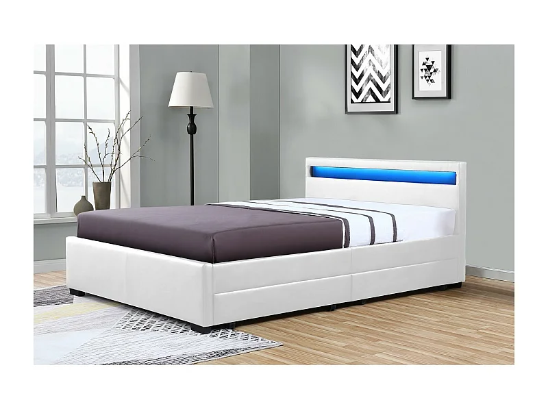 Cama de casal LED com 4 gavetas "Nico" - Branco - 140 × 190 cm
