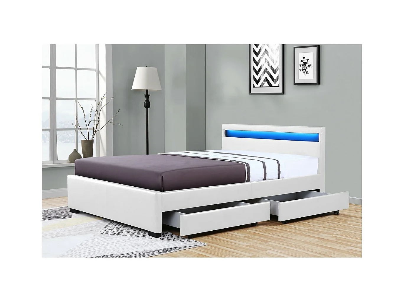 Tweepersoons LED-bed met 4 laden "Nico" - Wit - 140 × 190 cm