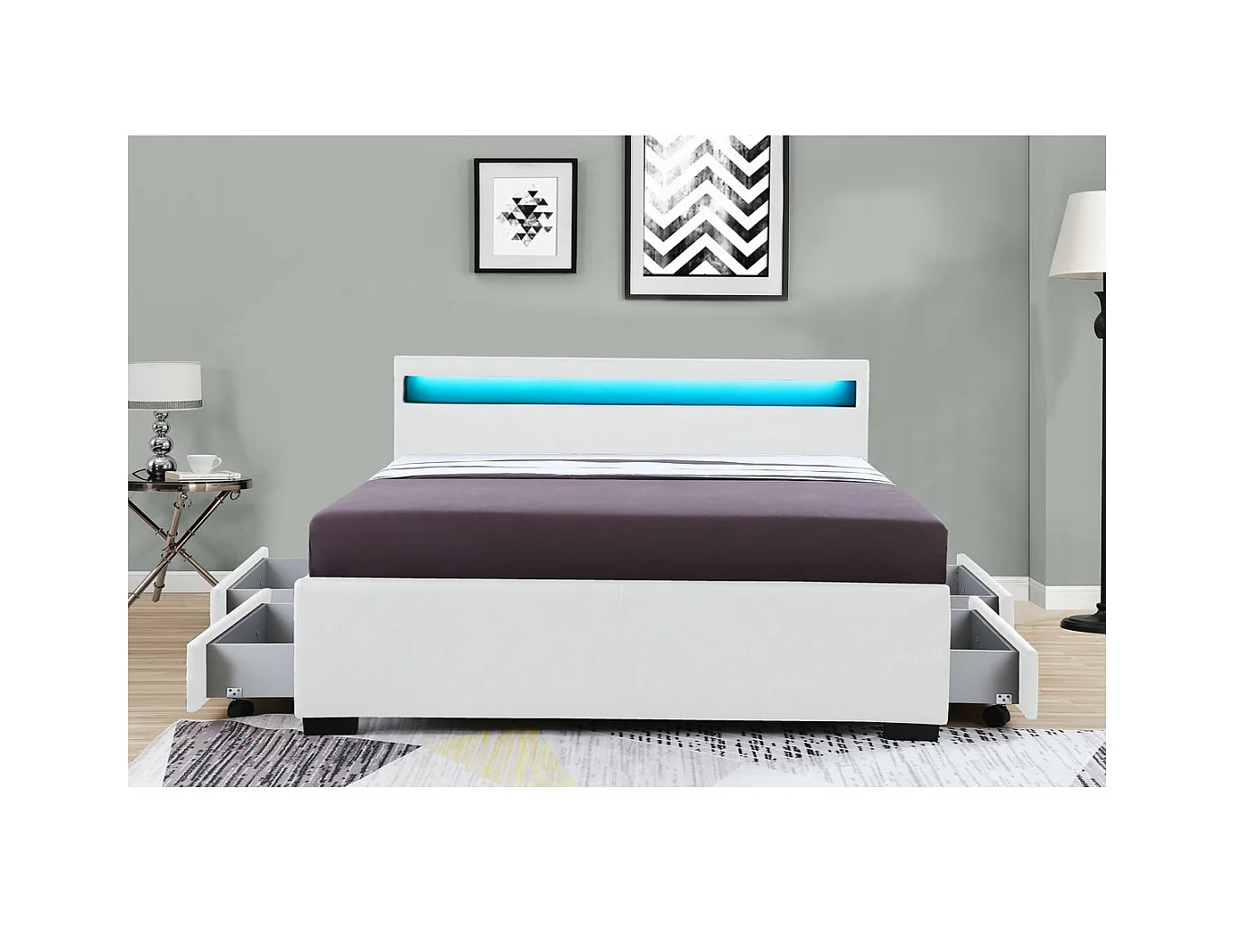 Tweepersoons LED-bed met 4 laden "Nico" - Wit - 140 × 190 cm