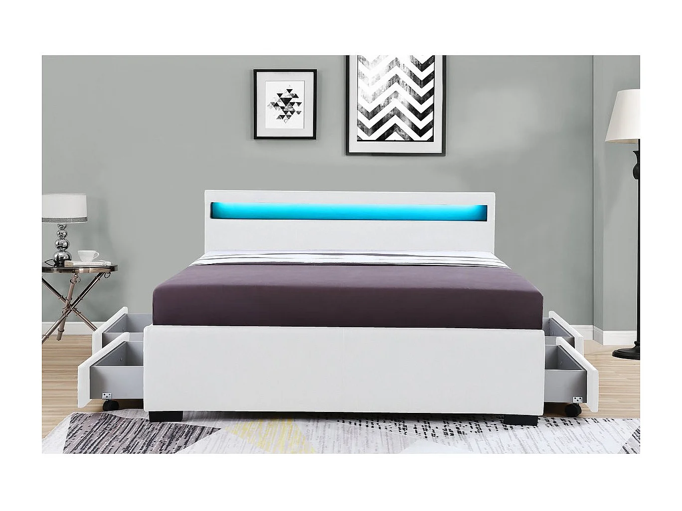Tweepersoons LED-bed met 4 laden "Nico" - Wit - 140 × 190 cm