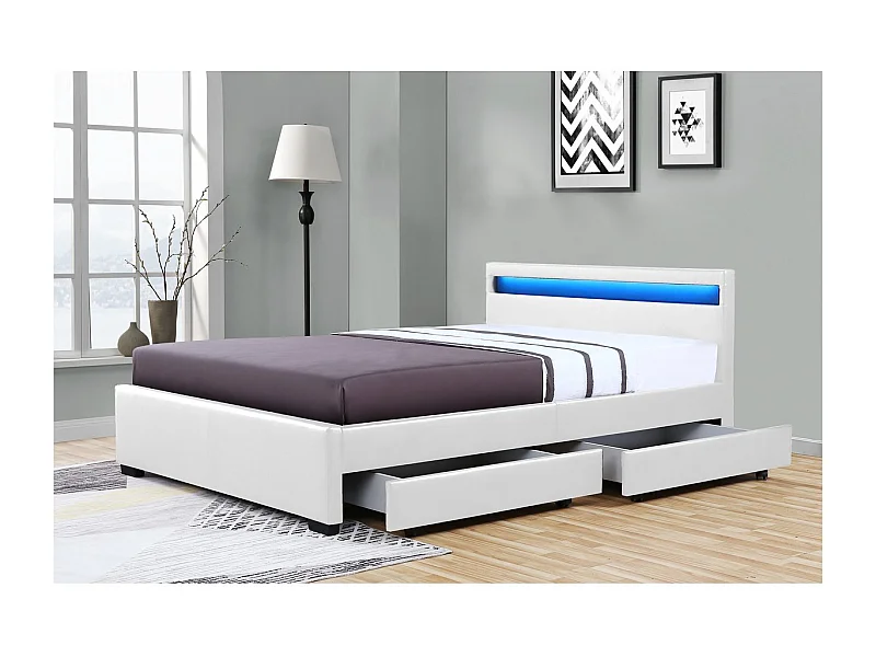 Lit LED avec 4 tiroirs "Nico"- 140 × 190 cm - Blanc