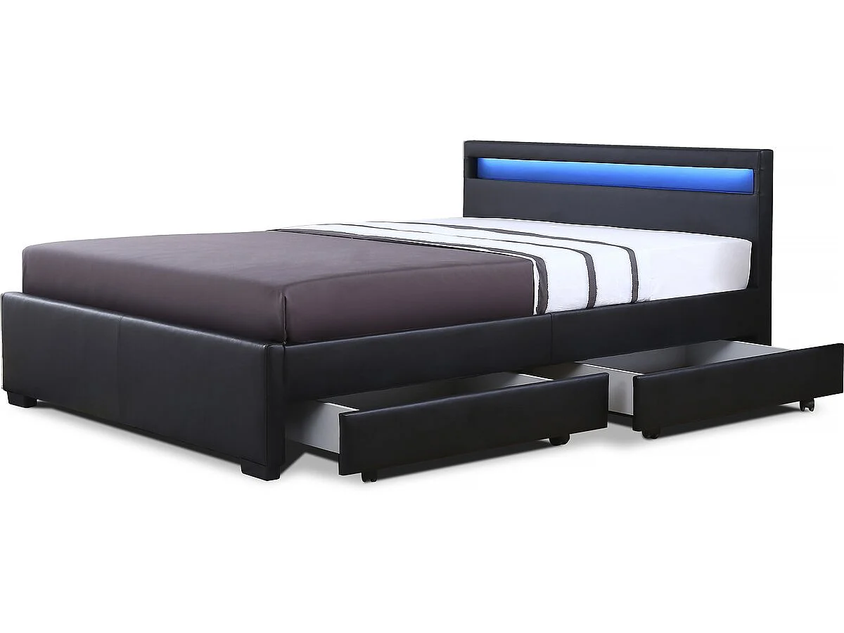 Cama de casal moderna com LED "Nico" com 4 gavetas - 140x190 cm - Preto