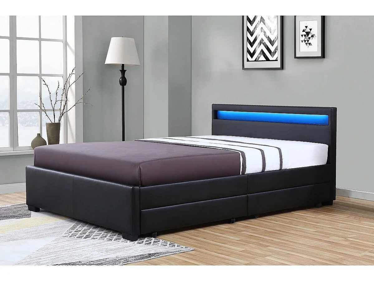 Cama de casal moderna com LED "Nico" com 4 gavetas - 140x190 cm - Preto