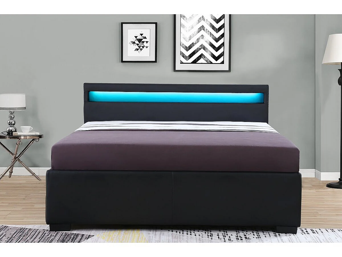Cama de casal moderna com LED "Nico" com 4 gavetas - 140x190 cm - Preto