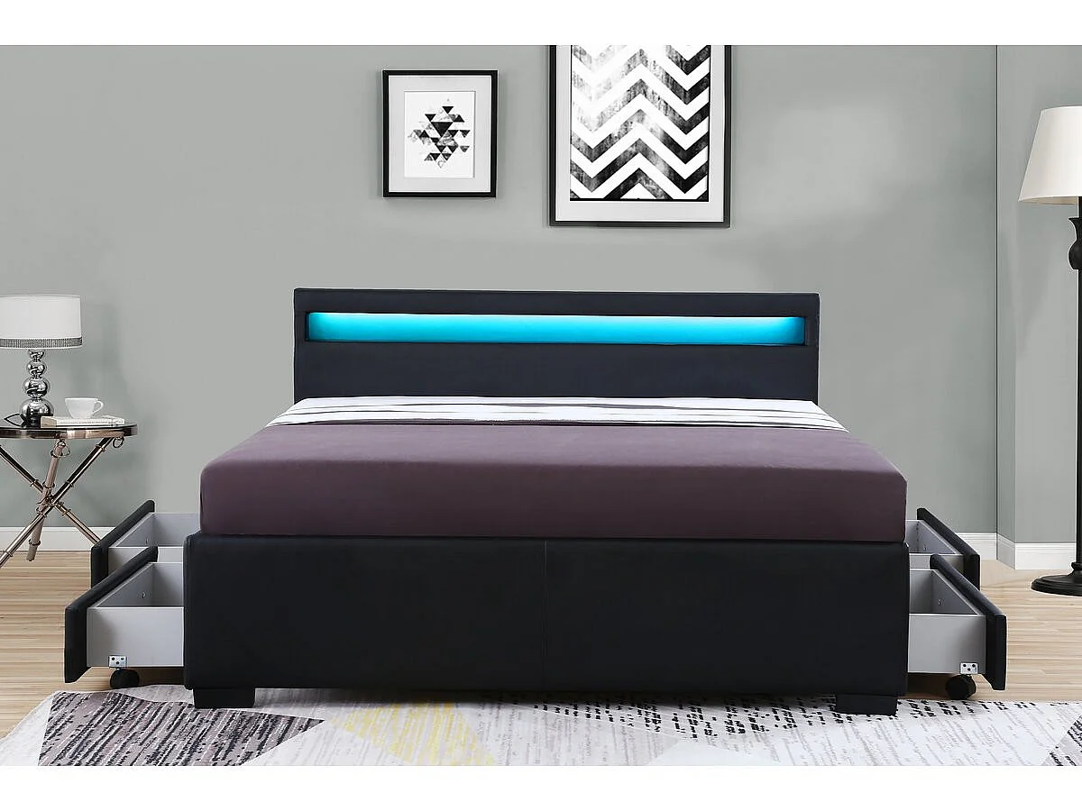 Cama de casal moderna com LED "Nico" com 4 gavetas - 140x190 cm - Preto
