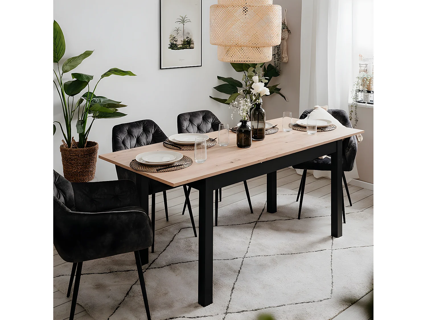 Table à manger extensible 80/120 cm effet chêne et noir - Santa