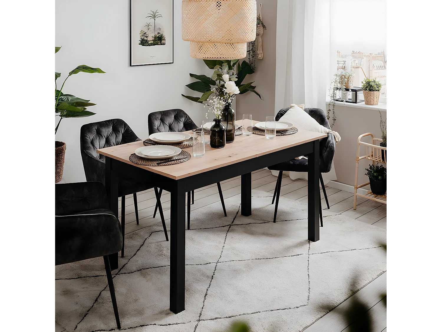 Table à manger extensible 80/120 cm effet chêne et noir - Santa