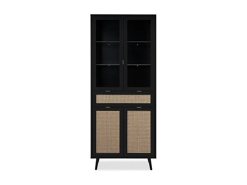 Credenza 2 ante a vetri 1 cassetto, stampa impagliatura e nero - L80cm