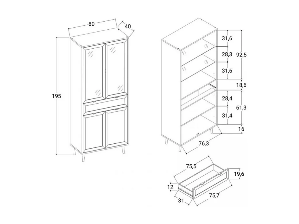 Credenza 2 ante a vetri 1 cassetto, stampa impagliatura e nero - L80cm