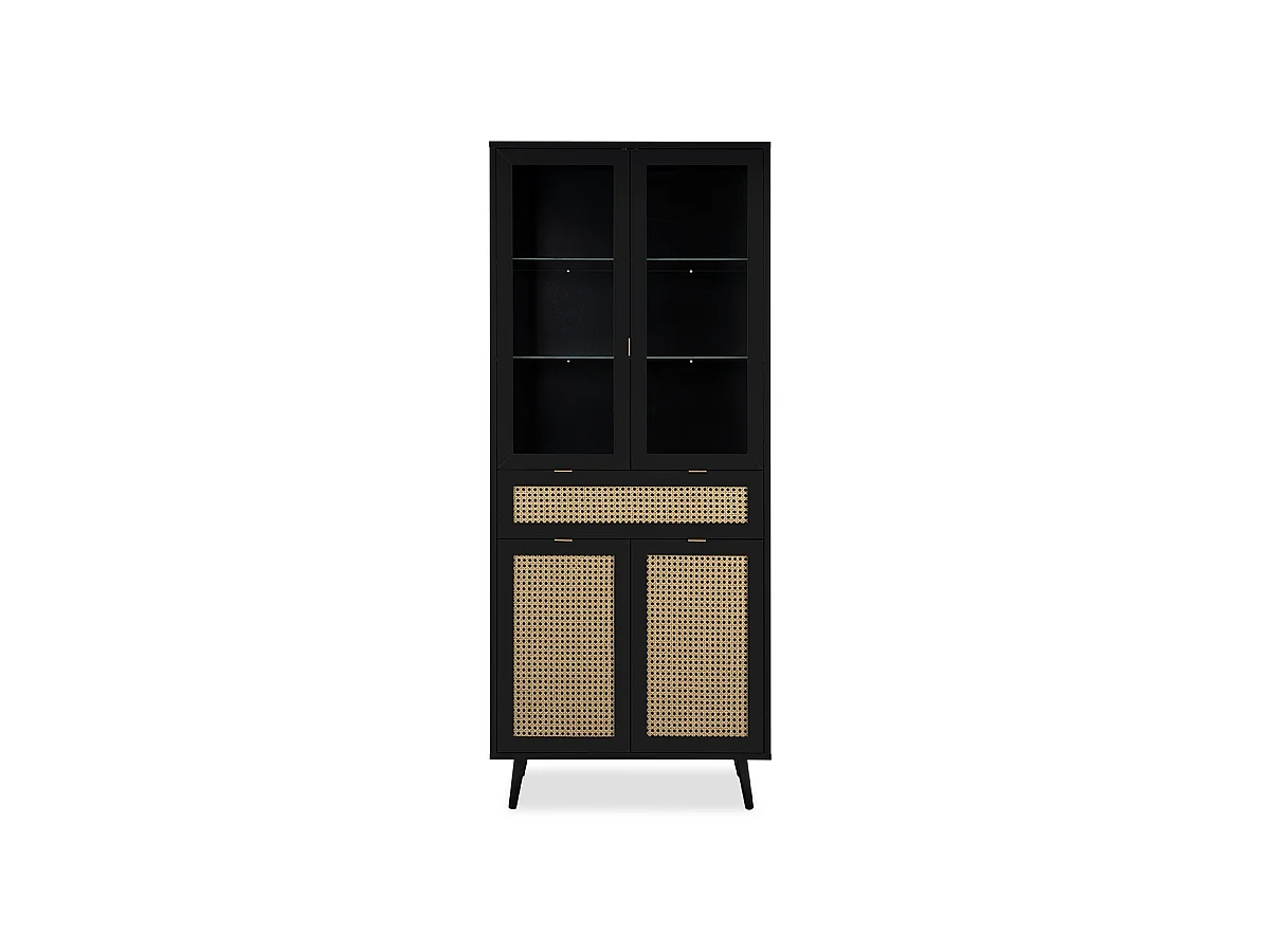 Credenza 2 ante a vetri 1 cassetto, stampa impagliatura e nero - L80cm