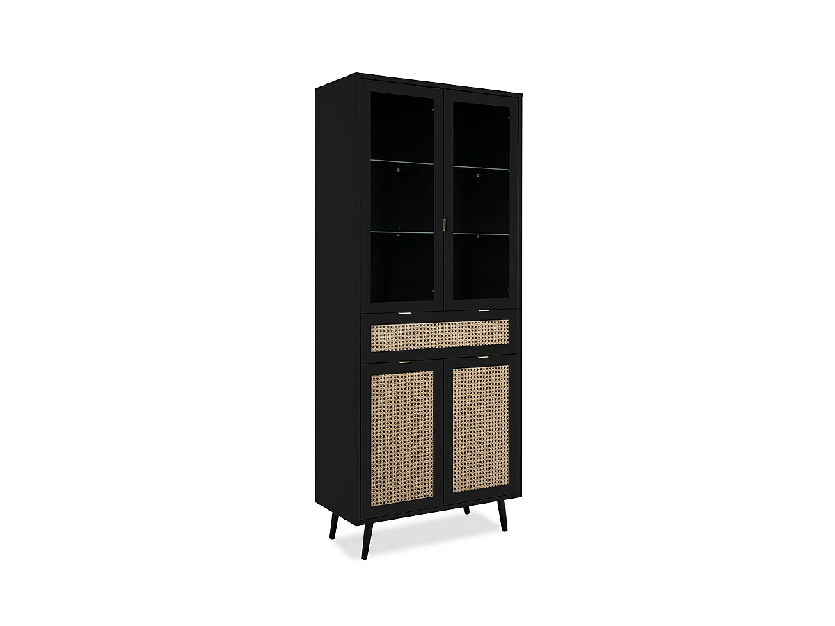 Credenza 2 ante a vetri 1 cassetto, stampa impagliatura e nero - L80cm