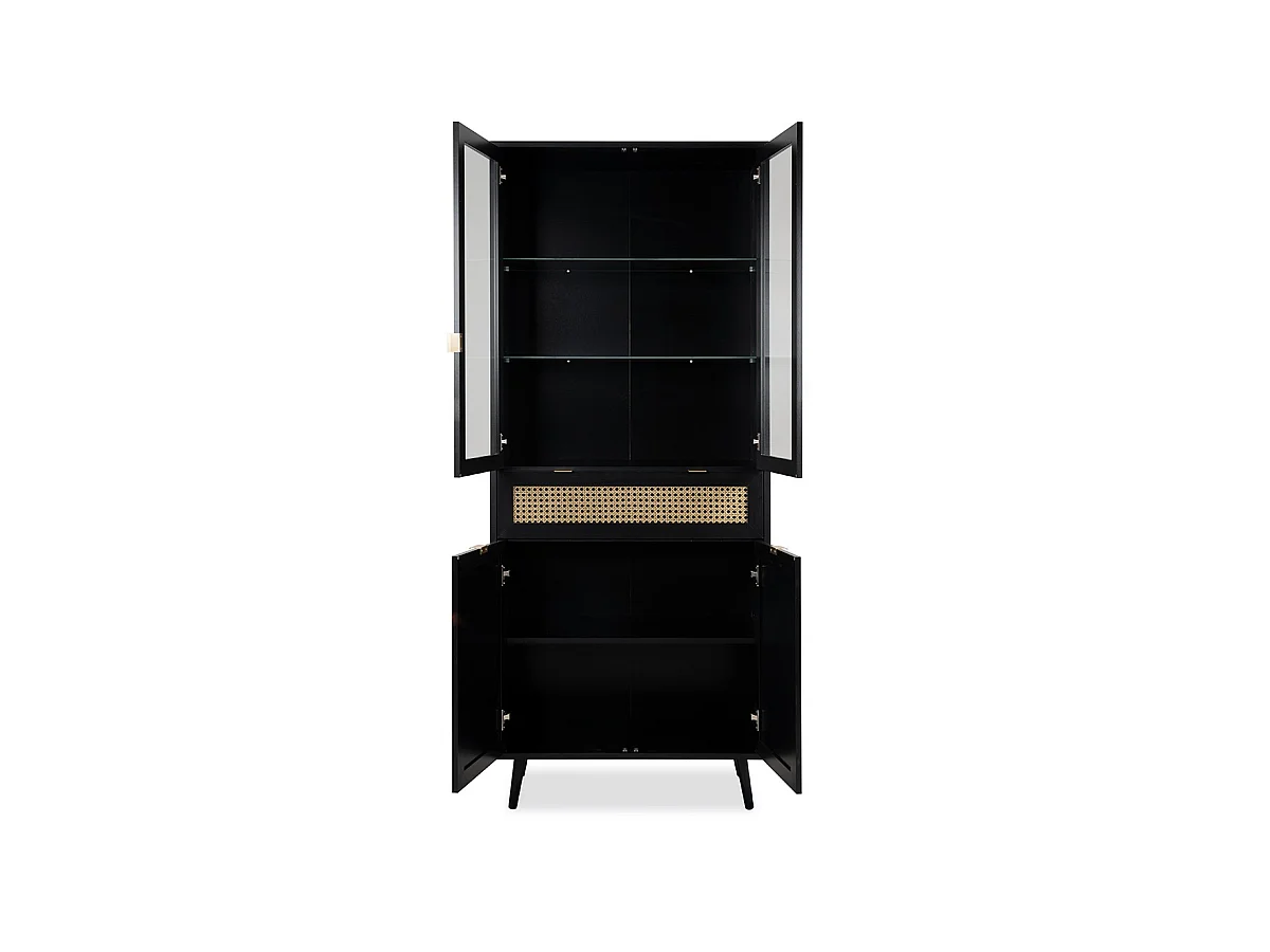 Credenza 2 ante a vetri 1 cassetto, stampa impagliatura e nero - L80cm
