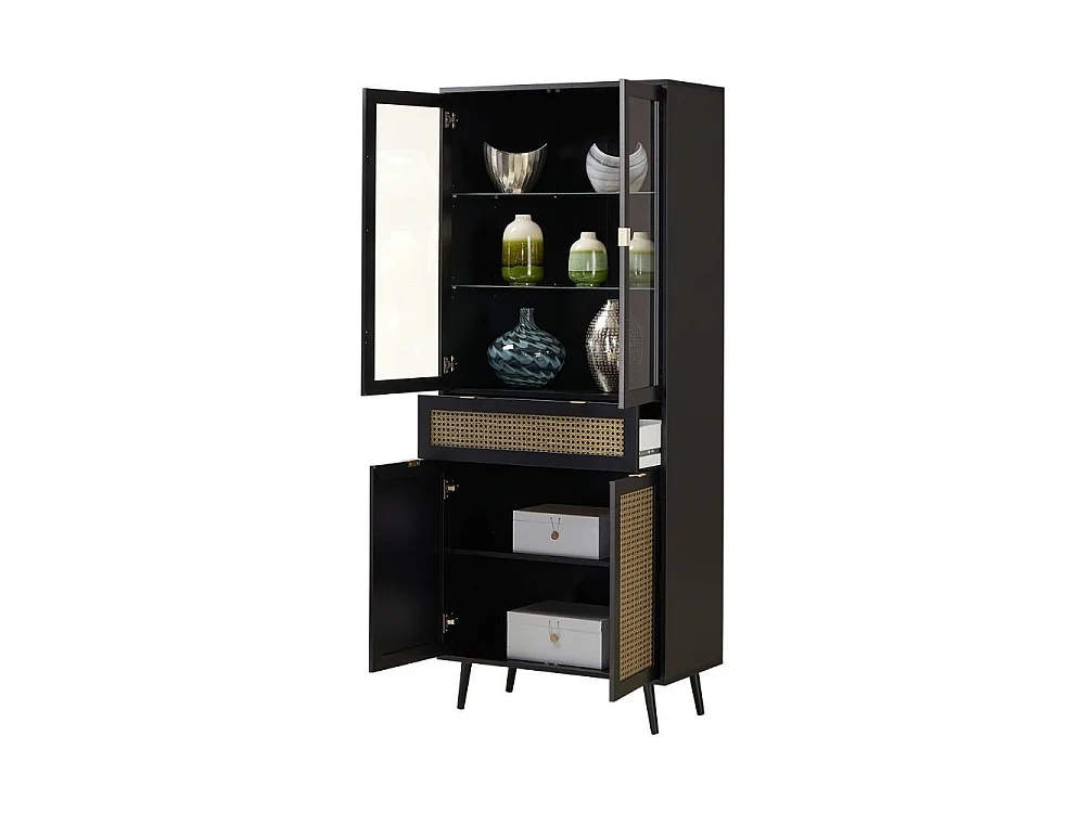 Credenza 2 ante a vetri 1 cassetto, stampa impagliatura e nero - L80cm
