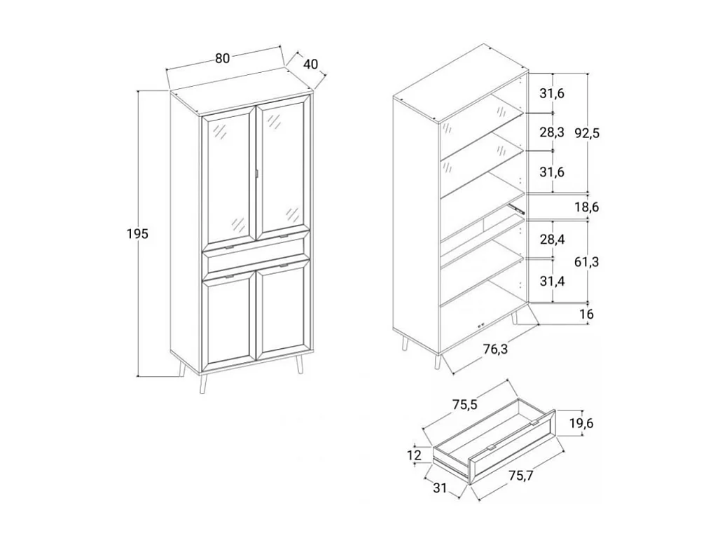Credenza 2 ante a vetri 1 cassetto, stampa impagliatura e nero - L80cm