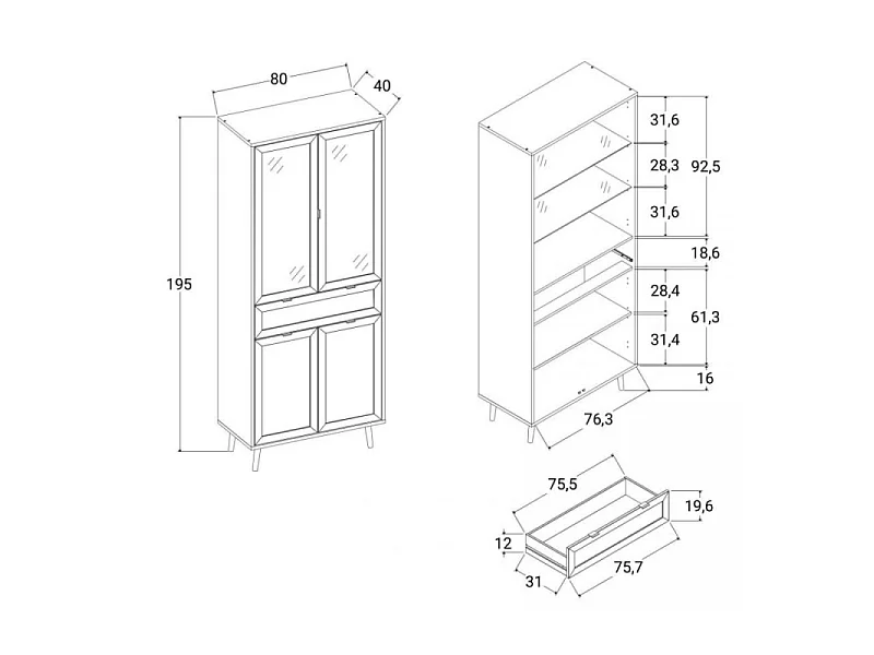 Credenza 2 ante a vetri 1 cassetto, stampa impagliatura e nero - L80cm