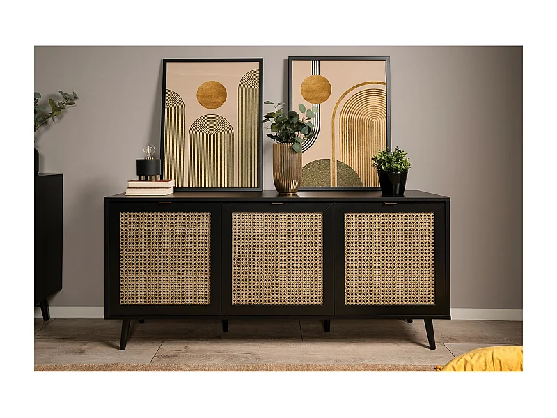 Credenza 3 ante stampa impagliatura e nera - L150 cm