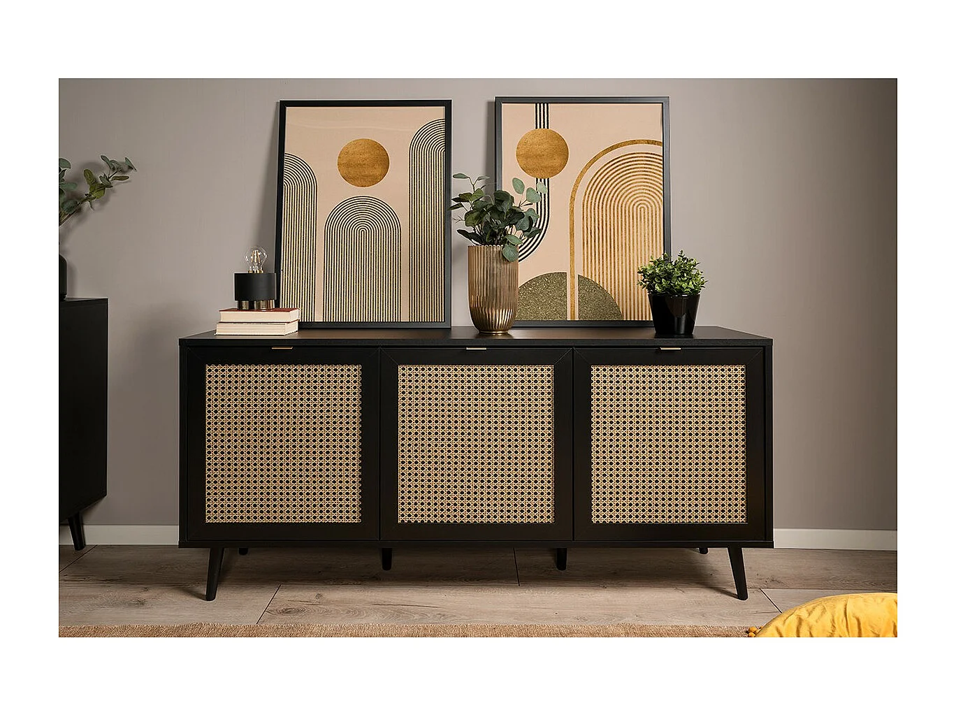 Credenza 3 ante stampa impagliatura e nera - L150 cm