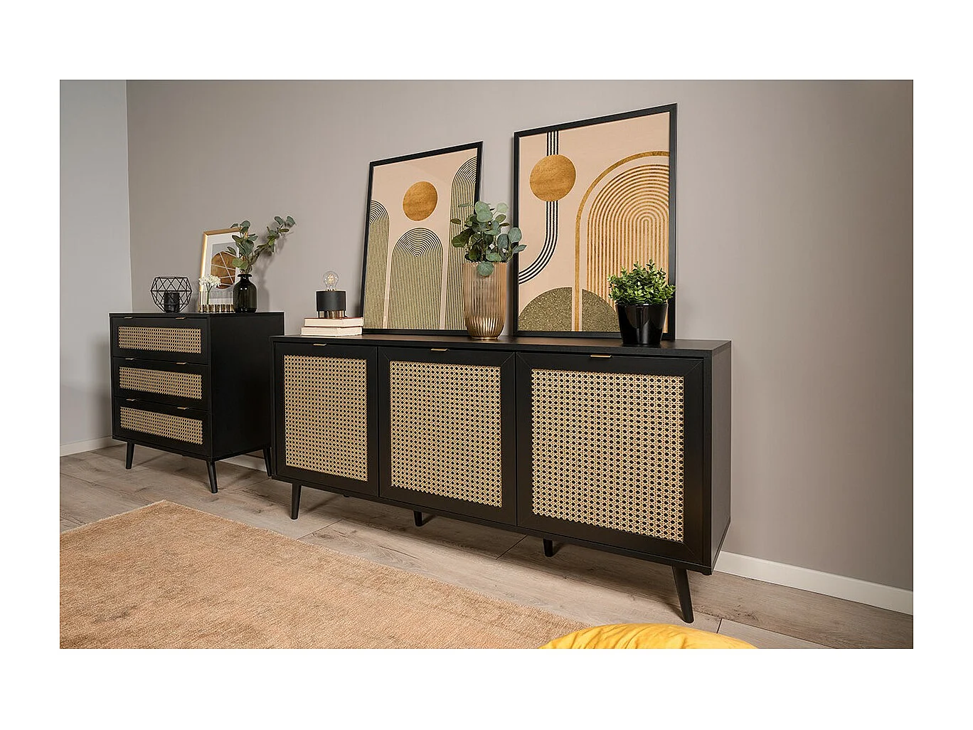Credenza 3 ante stampa impagliatura e nera - L150 cm
