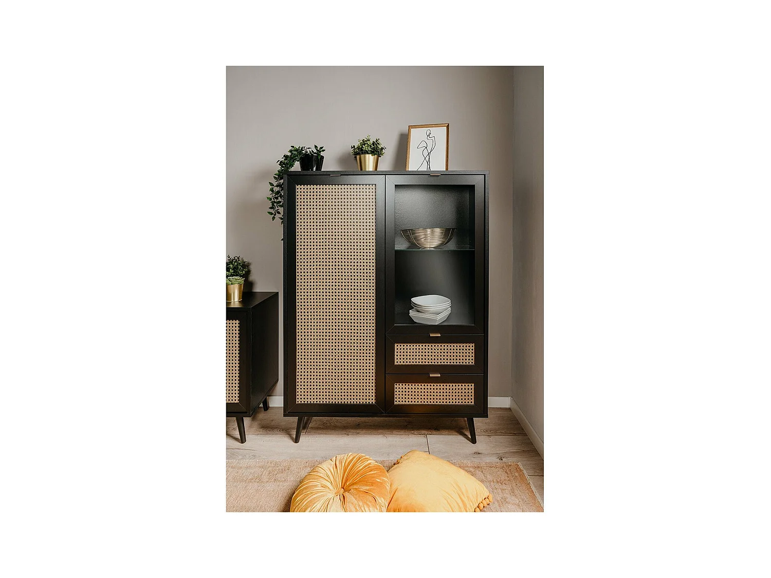 Credenza 2 ante e 2 cassetti, stampa impagliatura e nero