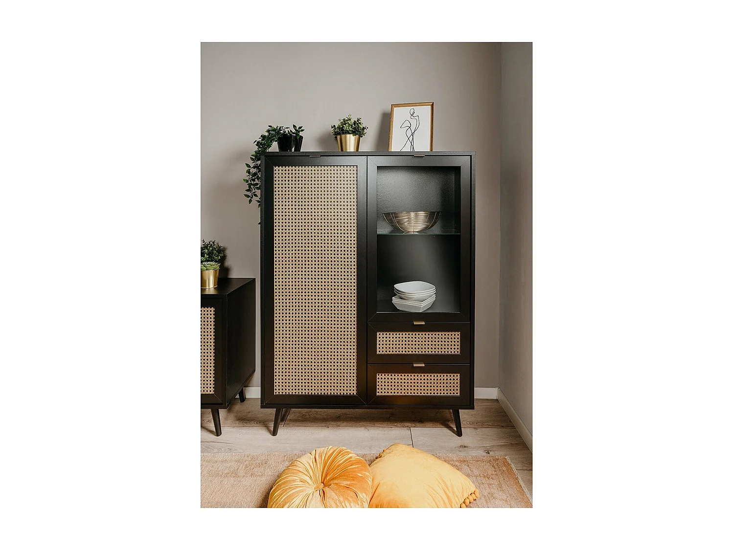 Credenza 2 ante e 2 cassetti, stampa impagliatura e nero