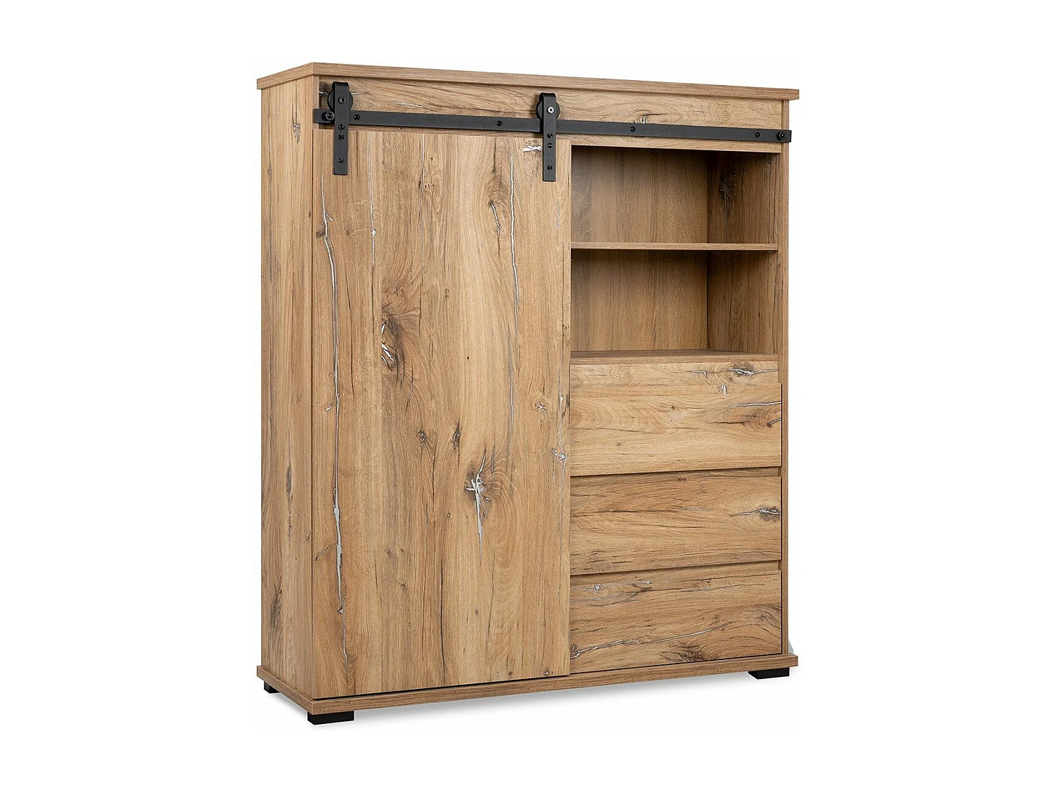 Highboard mit 1 Schiebetür, 3 Schubladen und 2 Ablagen L120 cm - Manzano