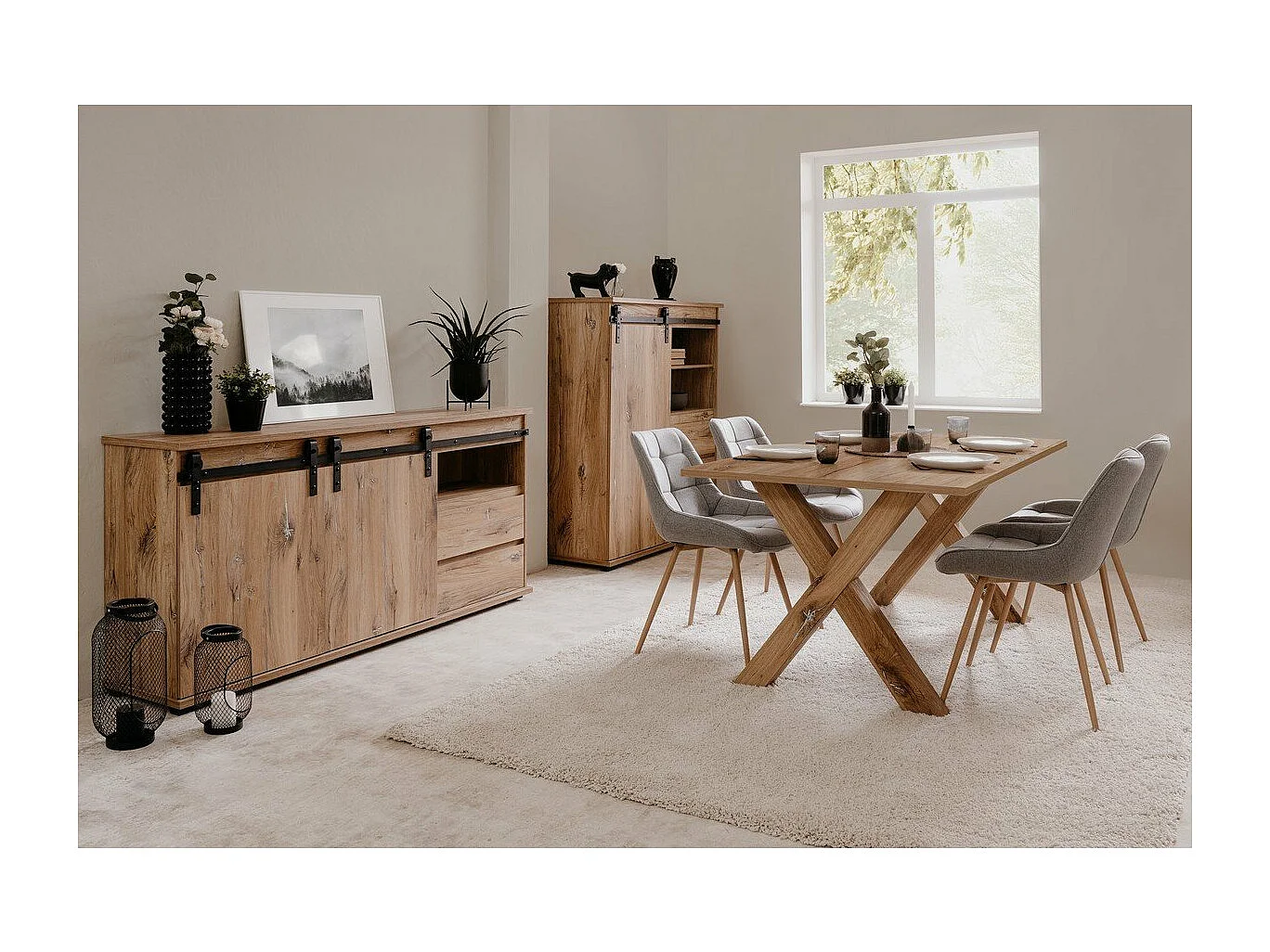 Highboard mit 1 Schiebetür, 3 Schubladen und 2 Ablagen L120 cm - Manzano