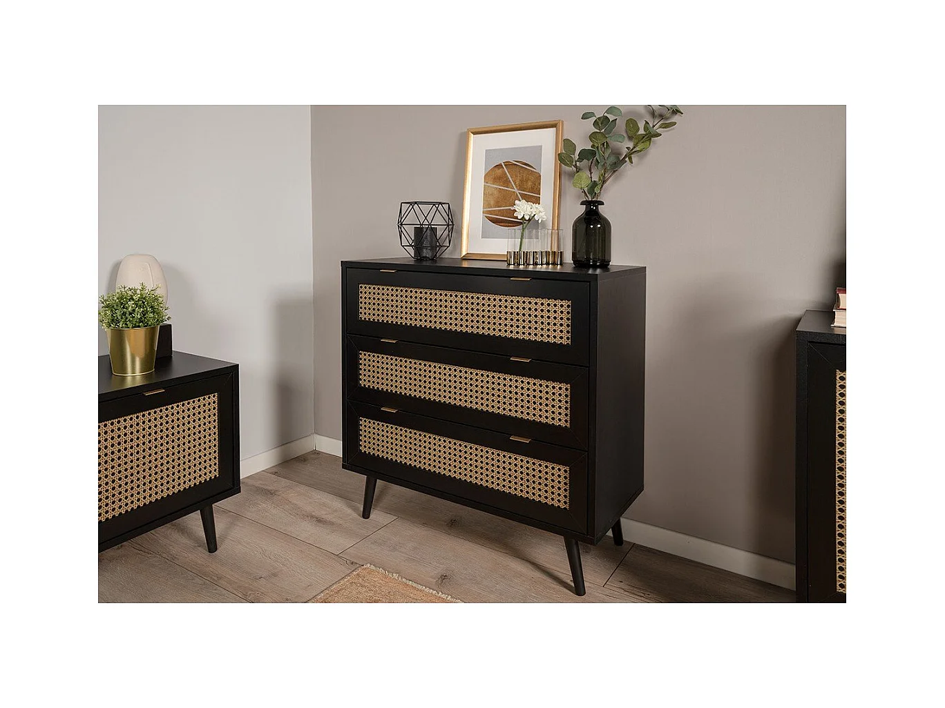 Cassettiera a 3 cassetti, stampa impagliatura e nera - L80 cm