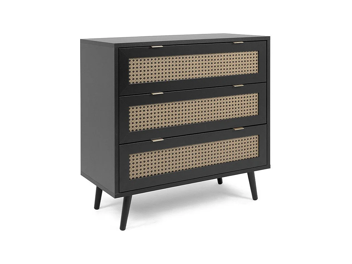 Cassettiera a 3 cassetti, stampa impagliatura e nera - L80 cm
