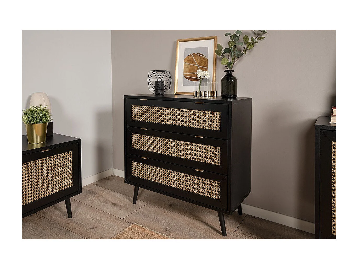 Ladenkast 3 Lades Drukwerk Riet en Zwart L80 x H80 cm - VILLA