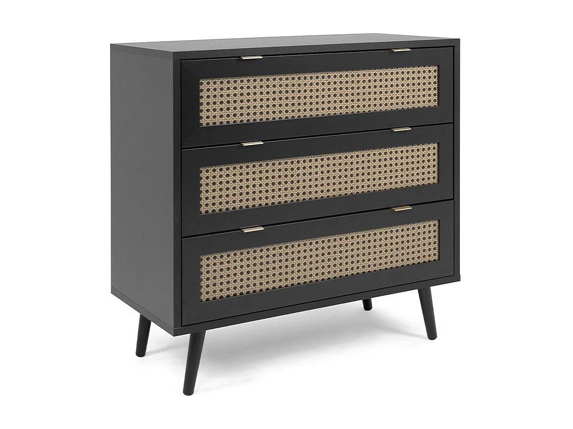 Ladenkast 3 Lades Drukwerk Riet en Zwart L80 x H80 cm - VILLA