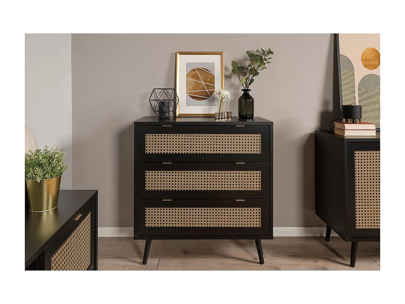 Ladenkast 3 Lades Drukwerk Riet en Zwart L80 x H80 cm - VILLA